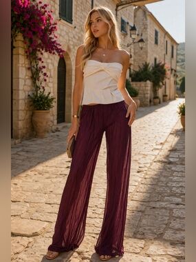 Zara Sheer Burgundy Organza Pants ✨ Wide Leg Statement Vacation Night Out
